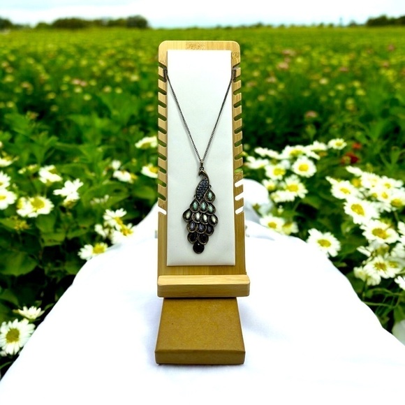 PEACOCK WATERFALL PENDANT ENAMEL RHINESTONES NECKLACE - Picture 2 of 4